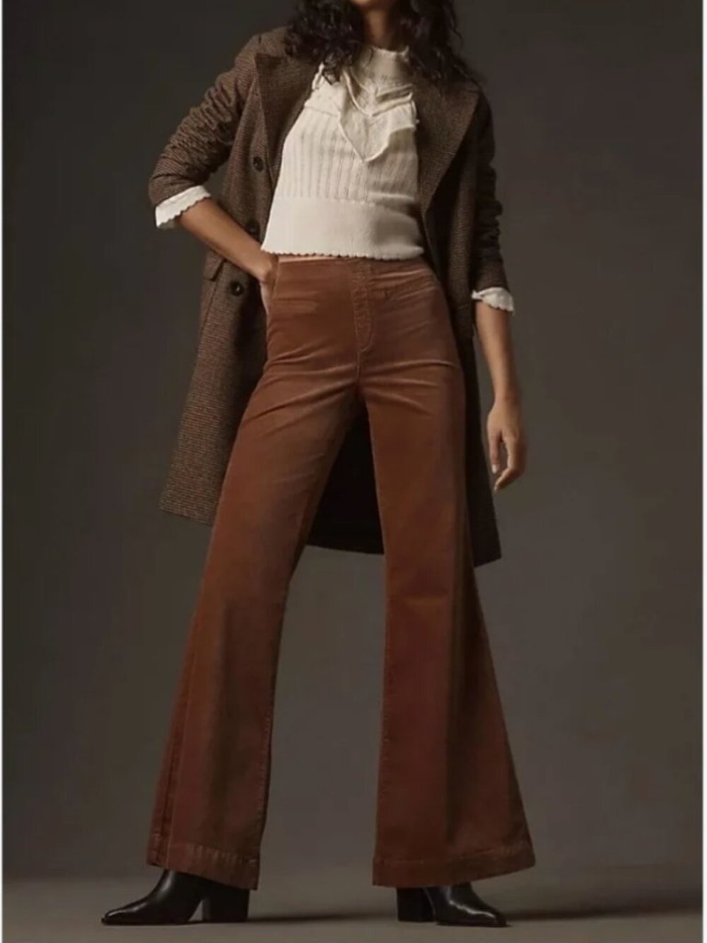 Anthropologie Pilcro Stretch Velvet Pull-on Retro Flared Pants Copper Brown 28